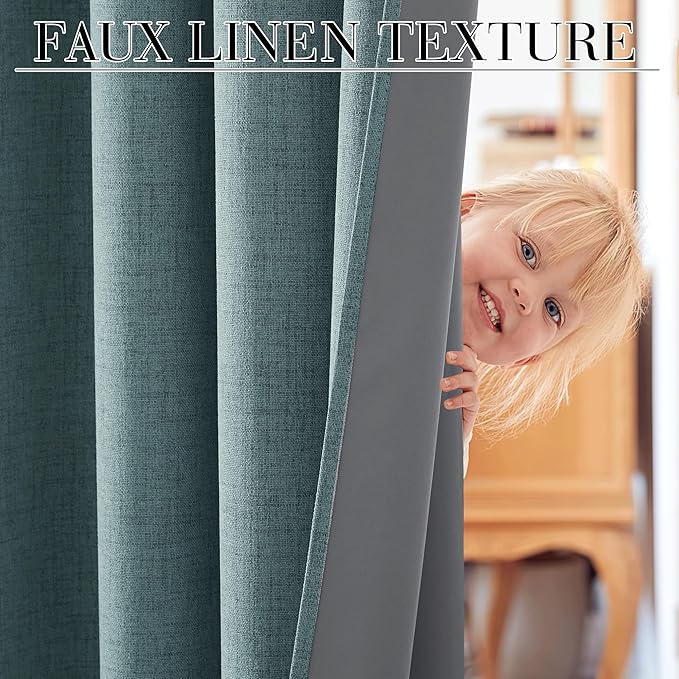 RYB HOME 100% Blackout Linen Textured Curtains 90 inches Long, Thermal Insulating Privacy Energy Saving for Bedroom Living Room Window Office Theater Baby Nursery, W 52 x L 90 in, Misty Blue, 2 Pcs - Image 3
