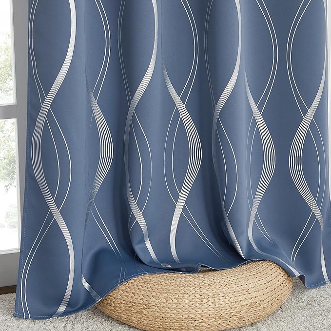 NICETOWN Stone Blue Blackout Curtains 90" Length 2 Panels Set for Living Room and Bedroom, 52" Wide, Foil Printed Wave Lines Energy Saving Thermal Insulated Draperies for Patio Hall Studio - Image 5