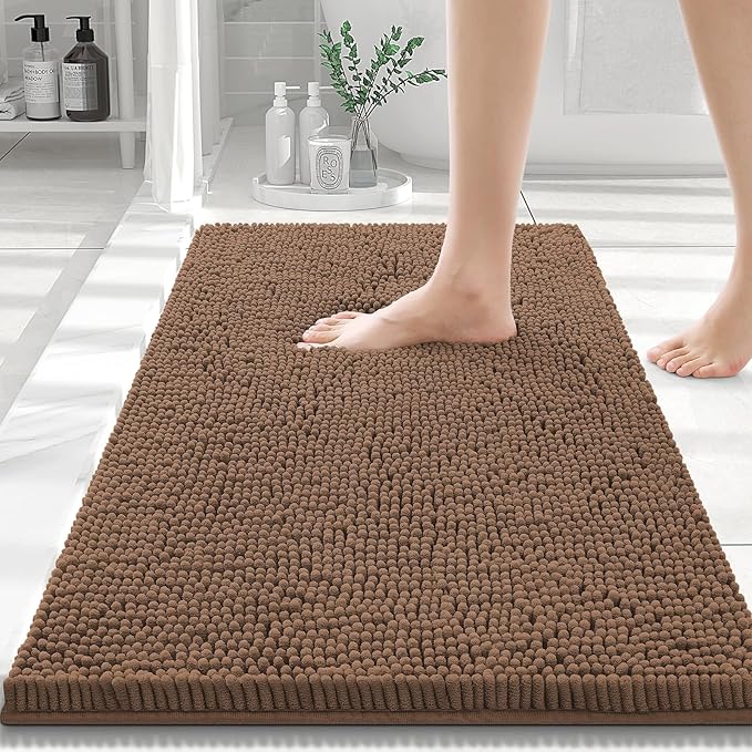 Smiry Luxury Chenille Bathroom Rugs 24x16, Extra Soft and Absorbent Shaggy Bath Mat, Machine Washable, Non-Slip Plush Carpet Runner for Tub, Shower, and Floor, Home Decor Accessories, Mocha by Smiry