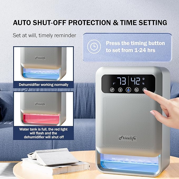 Frizzlife Air Dehumidifier, 135oz Water Tank W/Purifying Function, Quiet Small Dehumidifiers With Sleep Mode For Home, Bedroom, Bathroom, Basement W/Auto Shut Off, 7 Colors LED Light, Gray - Image 6