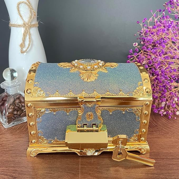 Retro Jewelry Box Arched Vintage Rectangular Metal Chest Necklace Ring Earrings Storage Case for Women Girls (Golden Starlight Blue-purple, L Lock) - Image 2
