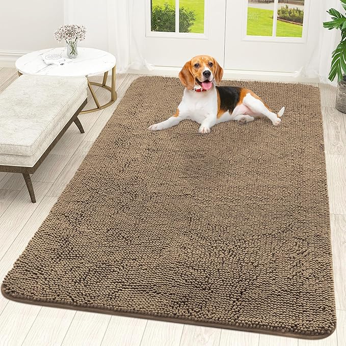 OLANLY Dog Door Mat for Muddy Paws 59x35, Absorbs Moisture and Dirt, Absorbent Non-Slip Washable Doormat, Quick Dry Chenille Mud Mat for Dogs, Entry Indoor Entryway Carpet for Inside Floor, Tan by OLANLY