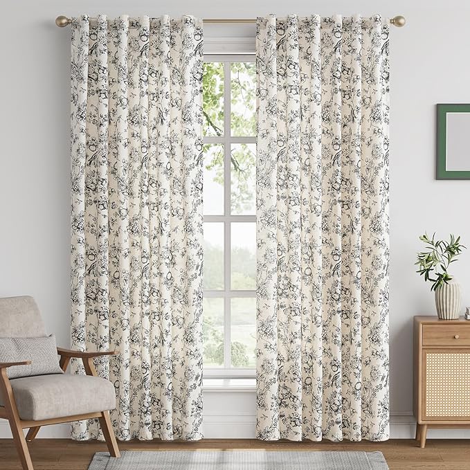jinchan Linen Floral Curtains for Living Room 84 Inch Length Black Printed Flower Light Filtering French Country Curtain Farmhouse Cottage Core Toile Curtains Back Tab Window Drapes Set 2 Panels - Image 2