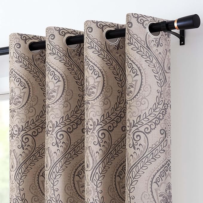 Vangao Damask Curtains 63 Inch Length 2 Panels Gray Paisley Medallion Print Curtains for Bedroom Living Room Darkening Drapes Vintage Retro Linen Textured Window Treatment Grey on Beige by Vangao
