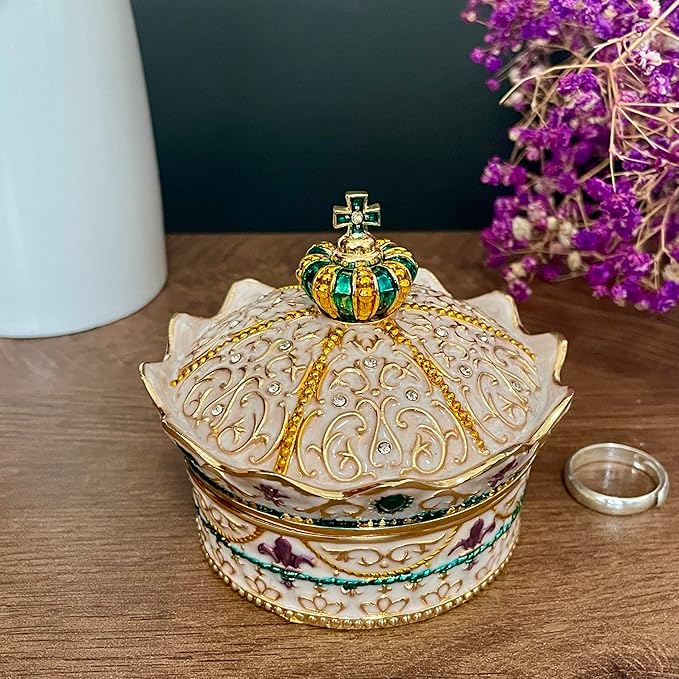 Crown Shape Jewelry Chest,Yurt Style Vintage Metal Gem Box,Round Alloy Retro Patterned Storage Case (Golden White, M) - Image 2