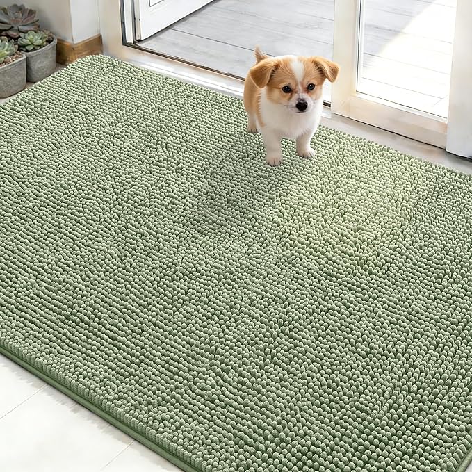 OLANLY Dog Door Mat for Muddy Paws 50x30, Absorbs Moisture and Dirt, Absorbent Non-Slip Washable Doormat, Quick Dry Chenille Mud Mat, Entry Indoor Entryway Carpet for Inside Floor, Sage Green by OLANLY