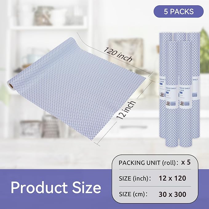 FIFTY FEET 12"x120" Non-Adhesive Shelf Liner for Kitchen Cabinets and Drawers, Washable Non-Slip PVC Cabinet Liner (Blue Circle)(5 Roll) - Image 5