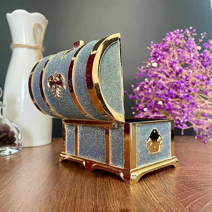 Retro Jewelry Box Arched Vintage Rectangular Metal Chest Necklace Ring Earrings Storage Case for Women Girls (Golden Starlight Blue-purple, M) - Image 5
