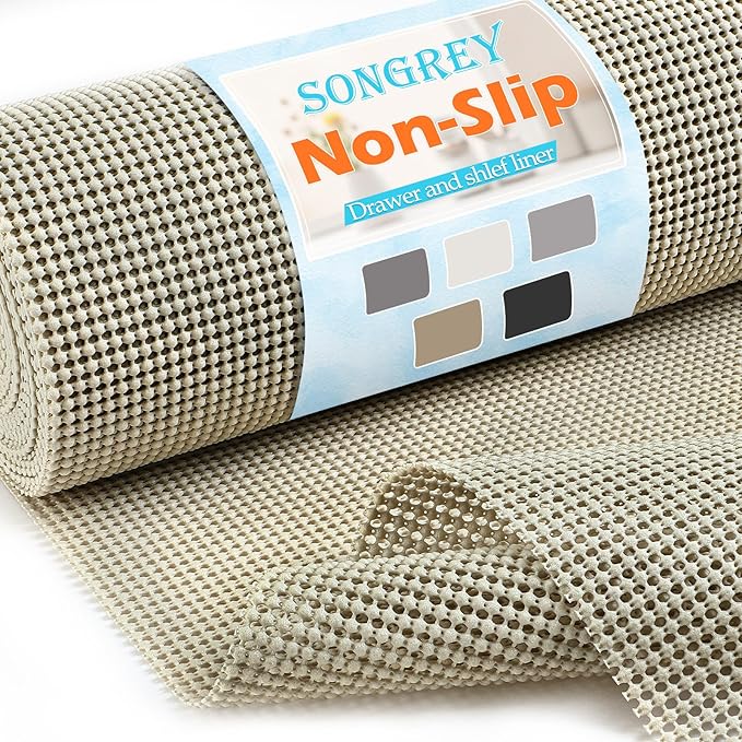 Songrey Non-Adhesive Drawer and Shelf Liner, Non Slip Cabinet Liners, Protect Kitchen Cupboard, Bathroom Drawers, Breathable, Thick Strong Grip mat (23.6IN x 20FT, Beige) by Unknown