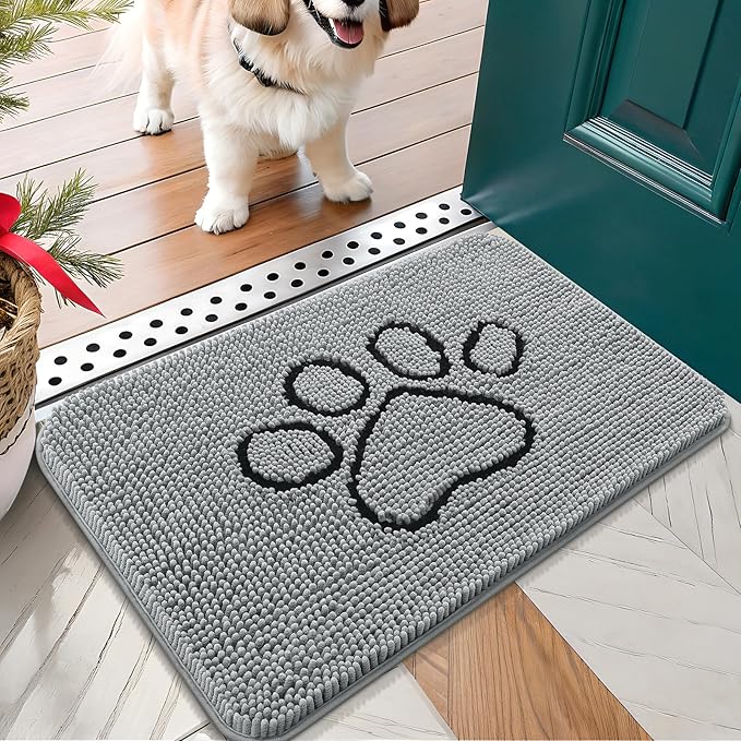 OLANLY Dog Door Mat for Muddy Paws 24x16, Paw Print Design, Absorbs Moisture and Dirt, Absorbent Non-Slip Washable Doormat, Quick Dry Chenille Mud Mat for Dogs, Entry Indoor Entryway Carpet, Grey by OLANLY