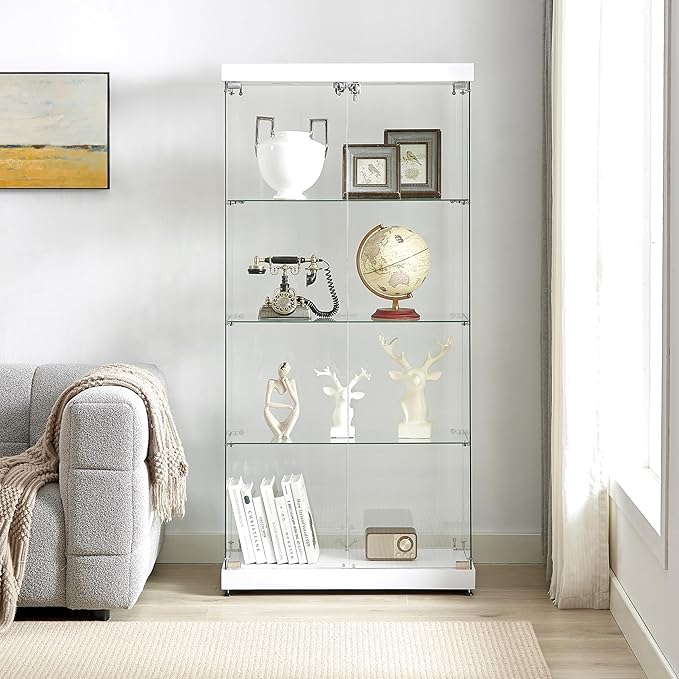 Yoluckea 4 Shelves Glass Display Cabinet with Light and 2 Doors, Curio Collection Glass Display Case, Floor Standing Bookshelf Corner Cabinet for Book Toys Glory (White) - Image 3
