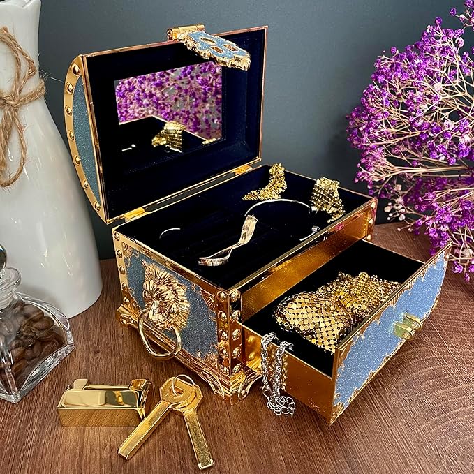 Retro Jewelry Box Arched Vintage Rectangular Metal Chest Necklace Ring Earrings Storage Case for Women Girls (Golden Starlight Blue-purple, L Lock) - Image 4