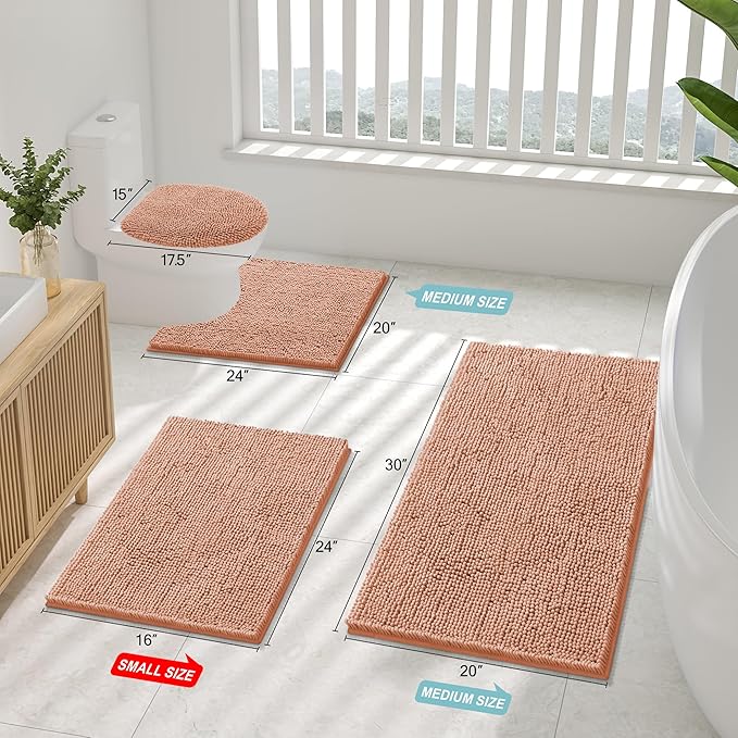 Smiry Luxury Chenille Bathroom Rugs 30x20, Extra Soft and Absorbent Shaggy Bath Mat, Machine Washable, Non-Slip Plush Carpet Runner for Tub, Shower, and Floor, Home Decor Accessories, Peach - Image 2