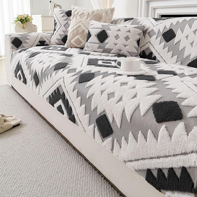Boho Plush Couch Covers for Sofa Washable, Fuzzy Soft Couch Cover for Sectional Sofa, Non Slip Jacquard Sofa Cover Furniture Protector for Kids, Pets (Dark Grey,43"x94") by WelcometoXSlive