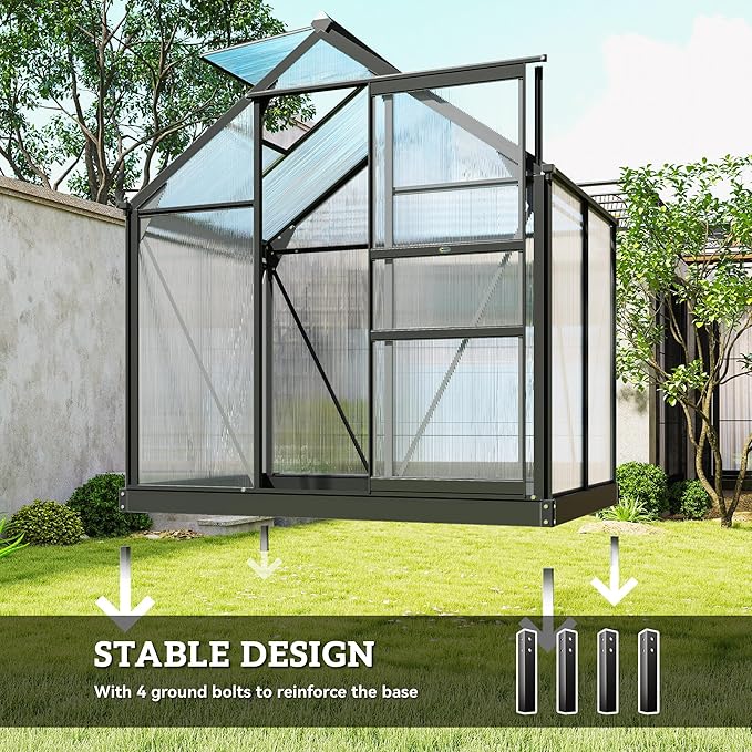 Outsunny 6' x 4' Greenhouse for Outdoors, Polycarbonate Greenhouse with Rain Gutter and Roof Vent, Aluminum Walk-in Green Houses for Outside for Patio Backyard Garden, Gray - Image 5