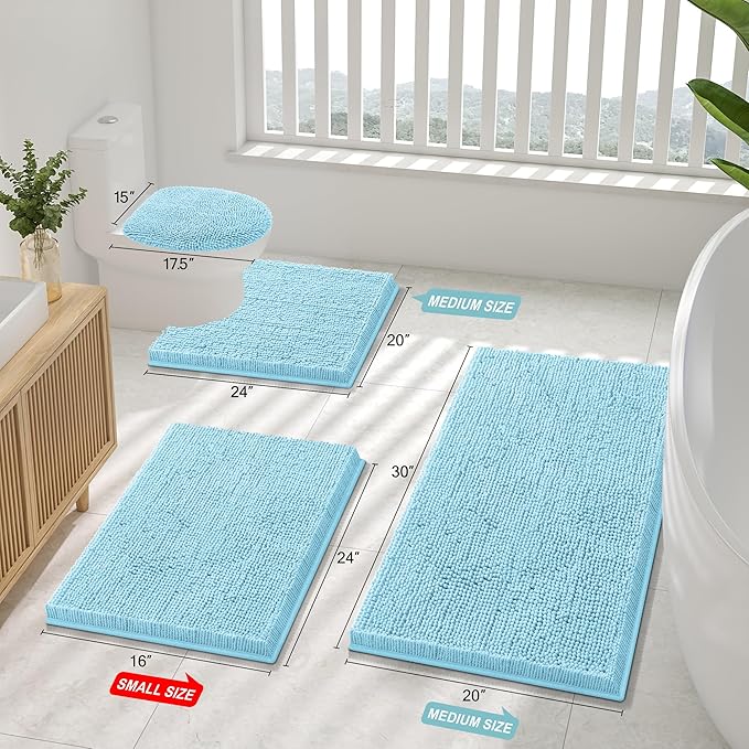 Smiry Luxury Chenille Bathroom Rugs 30x20, Extra Soft and Absorbent Shaggy Bath Mat, Machine Washable, Non-Slip Plush Carpet Runner for Tub, Shower, and Floor, Home Decor Accessories, Sky Blue - Image 2