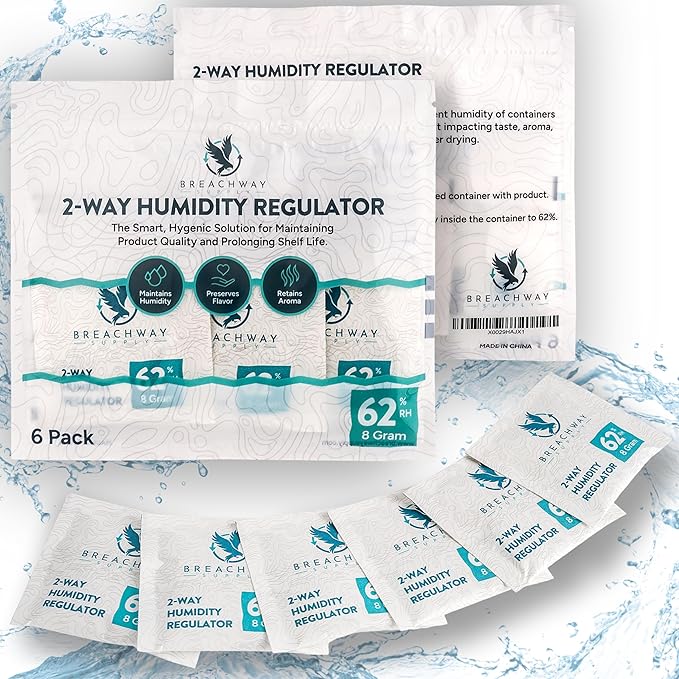 62% RH Size 8 | 6 Pack Two-Way Humidity Control Packs | For Storing 1 oz | Moisture Absorber for Small Storage Containers | Humidifier Packs | Hydration Packets w/Resealable Bag by BreachwaySupply