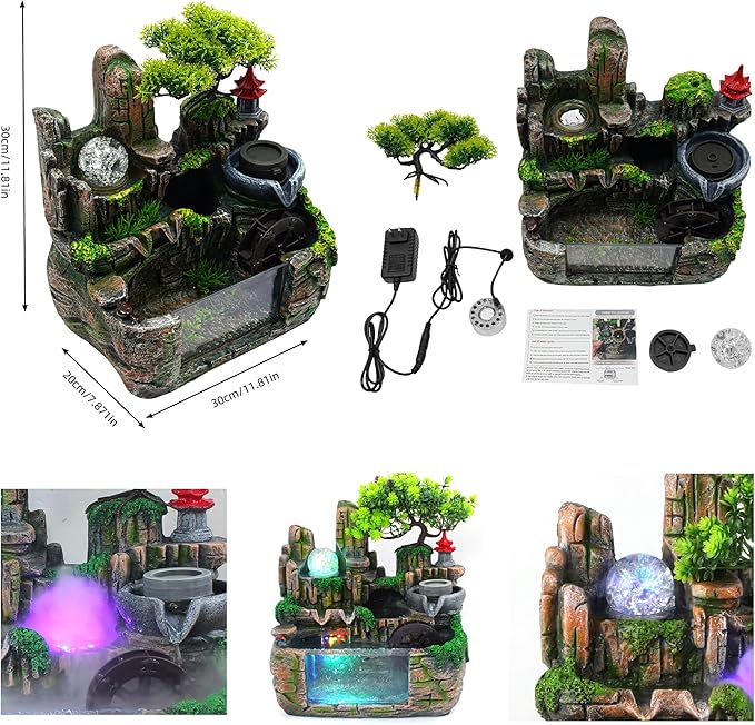 11.81" Creative Desktop Fountain Waterfall Bonsai w/LED Lights & Atomizer Tabletop Decor, Small Fish Tank Rockery Humidifier, Mini Rock Plant Artificial Bonsai Fountain Rockery for Office Home Decor - Image 3