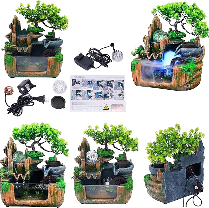 10Inch Bonsai Tree Rock ​Water Fountains Indoor Tabletop Waterfall Humidifier with LED Light and Atomizer Mist, Desktop Decoration Fake Plants Mini Fish Tank Feng Shui Decor Festival Birthday surprise - Image 5