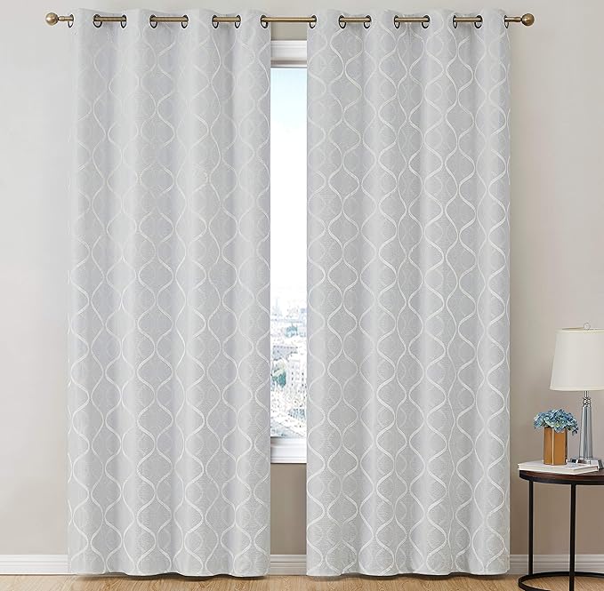 HLC.ME Versailles Lattice Flocked 100% Complete Blackout Thermal Insulated Window Curtain Grommet Panels - Energy Savings & Soundproof - for Living Room & Bedroom - Set of 2 (50 x 72 inches, White) - Image 2