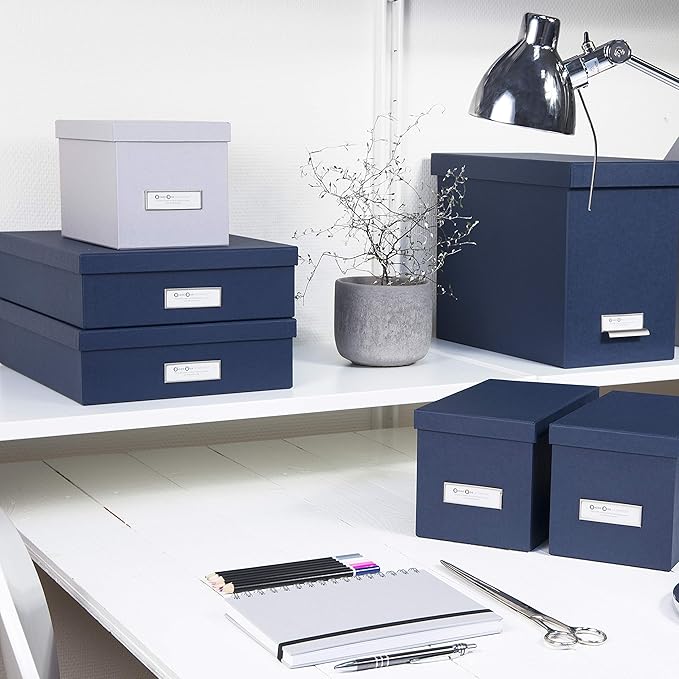 Bigso Oskar Fiberboard Label Frame Document Letter Box - File Organizer Box for Important Paperwork - Document Storage with a Lid & Metal Label Window - 3.3 in x 10.2 in x 13.8 in - Dark Blue - Image 8