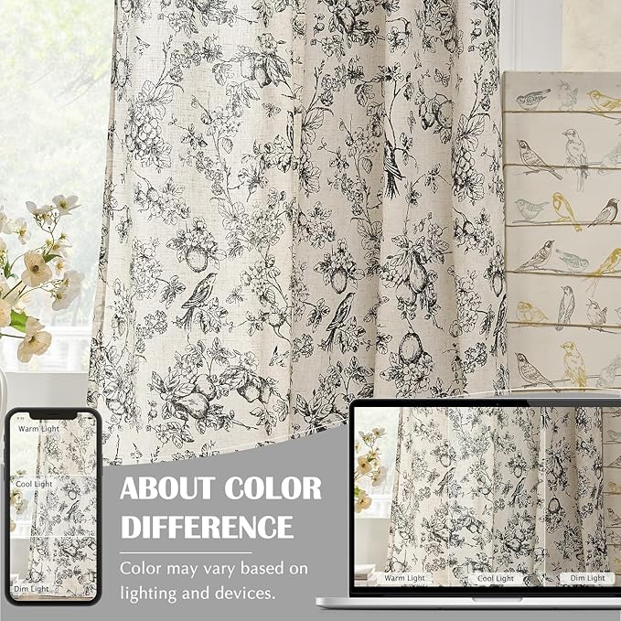 jinchan Linen Floral Curtains for Living Room 84 Inch Length Black Printed Flower Light Filtering French Country Curtain Farmhouse Cottage Core Toile Curtains Back Tab Window Drapes Set 2 Panels - Image 5