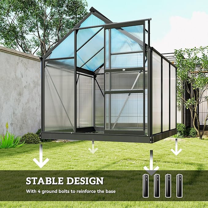 Outsunny 6' x 6' Greenhouse for Outdoors, Polycarbonate Greenhouse with Rain Gutter and Roof Vent, Aluminum Walk-in Green Houses for Outside for Patio Backyard Garden, Gray - Image 5