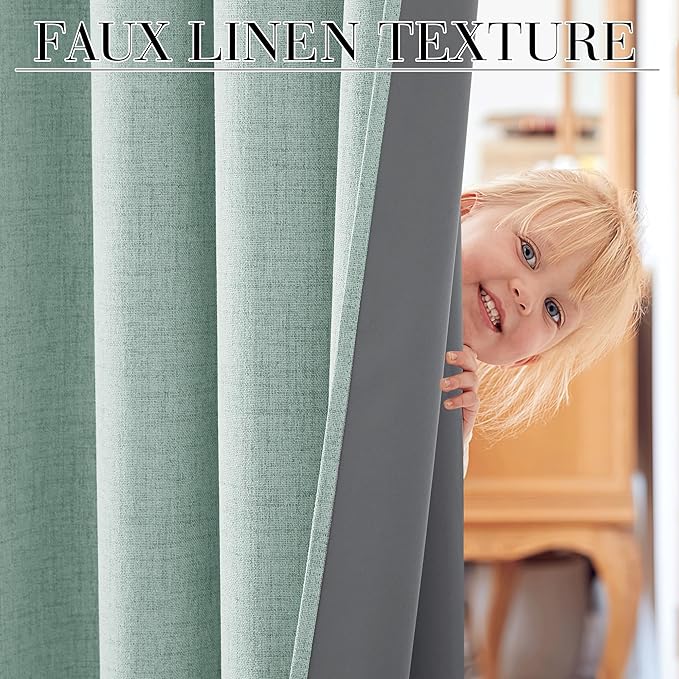 RYB HOME 100% Blackout Linen Textured Curtains 84 inches Long, Thermal Insulating Privacy Energy Saving for Bedroom Living Room Window Office Theater Baby Nursery, W 52 x L 84 in, Aqua, 2 Panels - Image 3