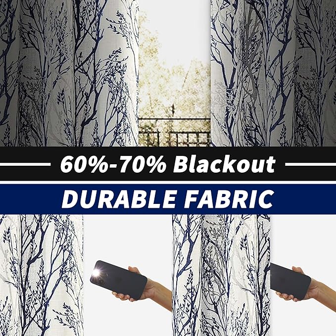 DriftAway Linen Printed Blackout Curtains Tree Branch Pattern Double Layer 84 Inches Long for Bedroom Classic Thermal Insulated Summer Sound Lined Grommet Drapes for Living Room 2 Panels Blue/Linen - Image 2