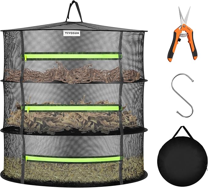 VIVOSUN 3-Layer Mesh Drying Rack Hanging Design with Green Zippers for Dehydrating, Indoor and Outdoor Pruning Shears Included by VIVOSUN