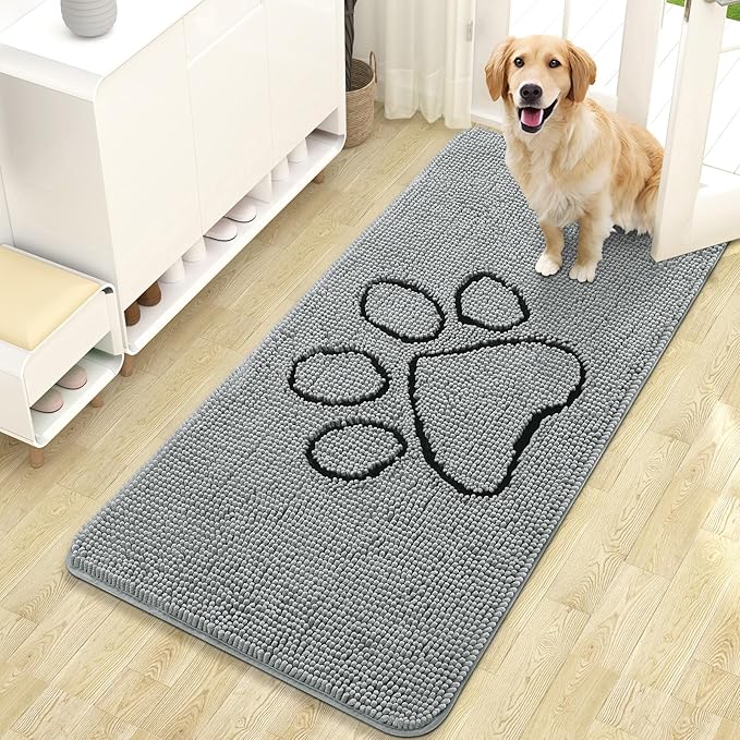 OLANLY Dog Door Mat for Muddy Paws 47x24, Paw Print Design, Absorbs Moisture and Dirt, Absorbent Non-Slip Washable Doormat, Quick Dry Chenille Mud Mat for Dogs, Entry Indoor Entryway Carpet, Grey by OLANLY