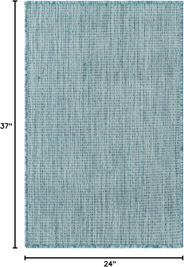Unique Loom Collection Casual Transitional Solid Heathered Indoor/Outdoor Flatweave Area Rug (2' x 3' 1" Rectangle, Aquamarine/Ivory) - Image 2