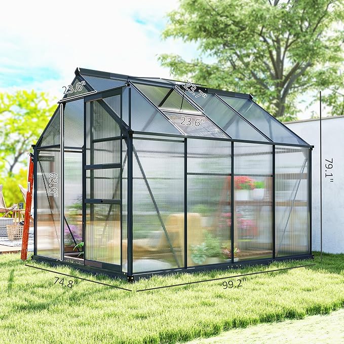 Outsunny 6' x 8' Greenhouse for Outdoors, Polycarbonate Greenhouse with Rain Gutter and Roof Vent, Aluminum Walk-in Green Houses for Outside for Patio Backyard Garden, Gray - Image 7