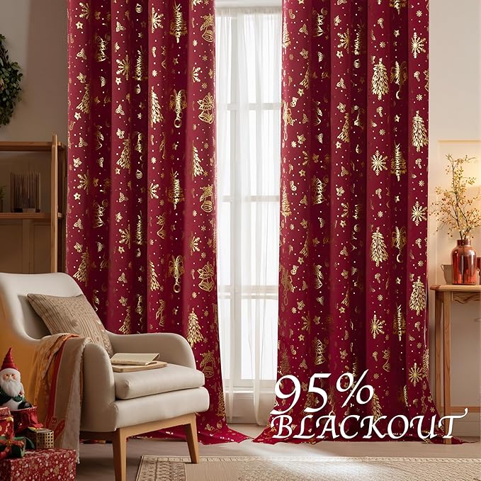 NICETOWN 2 Christmas Red Rod Pocket Tier Curtains 42 x 45 Inch - Foil Printed Small Window Treatment Curtain Tiers for Bathroom, Living Room, Bedroom, Dining, Boy, Girl - Image 4