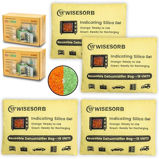 4 Pack 500G Reusable Silica Gel Desiccant Dehumidifier Bags, Color Indicating Moisture Absorbers for Car, Closet, Basement & Garage, Microwave Rechargeable Reusable Drying Bags by Wisesorb