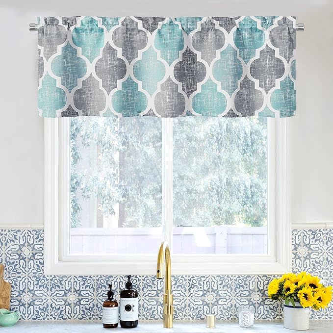 Beauoop Blackout Window Valances Curtains Geometric Quatrefoil Trellis Printed Room Darkening Thermal Insulated Rod Pocket Short Valance Curtains Cafe Bathroom, Spa/Gray, 50" W x 18" L, 1 Panel by Beauoop