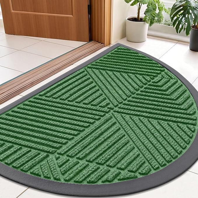 Smiry Half Circle Front Door Mat Outside Entrance, Heavy Duty Sturdy Natural Rubber Doormat, Trap Dirt and Moisture, Low Profile Mats for Indoor Outdoor Entry, Irregular Triangle (35x23, Green) by Smiry