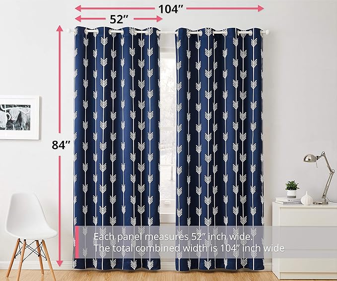 HLC.ME Arrow Printed Blackout Room Darkening Thermal Grommet Window Curtain Drape Panels for Bedroom - Set of 2 - Navy Blue - 84" inch Long - Image 3