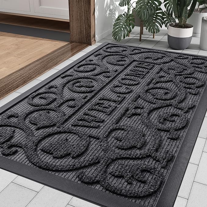 Smiry Welcome Door Mat Outside Entrance, Heavy Duty Trap Dirt and Moisture Easy Clean Low Profile Patio Porch Indoor Outdoor Front Doormat for Entry, 35x23 Inch, Grey by Smiry