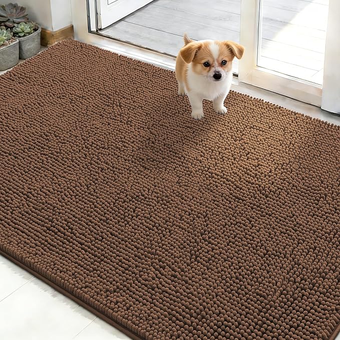 OLANLY Dog Door Mat for Muddy Paws 48x30, Absorbs Moisture and Dirt, Absorbent Non-Slip Washable Doormat, Quick Dry Chenille Mud Mat for Dogs, Entry Indoor Entryway Carpet for Inside Floor, Mocha by OLANLY