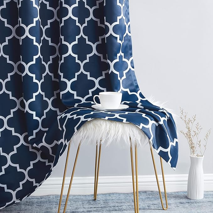 HLC.ME Lattice Print Decorative Blue Blackout Curtains 96 Inch Long - Thermal Insulated Privacy Room Darkening Window Grommet Drapes Modern Curtains for Master Bedroom - Navy Blue - 52 W x 96 L - Image 5