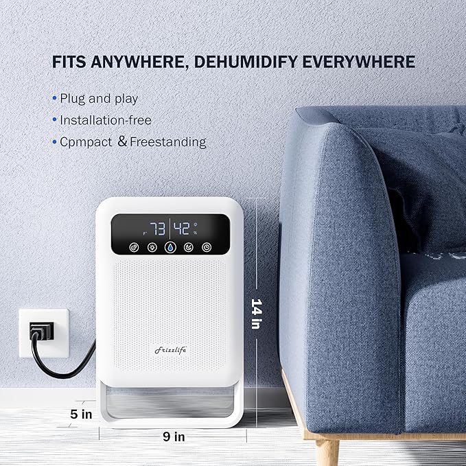 Frizzlife DH80 Air Dehumidifier, 135oz Water Tank W/Purifying Function, Quiet Small Dehumidifiers With Sleep Mode For Home, Bedroom, Bathroom, Basement W/Auto Shut Off, 7 Colors LED Light, White - Image 7