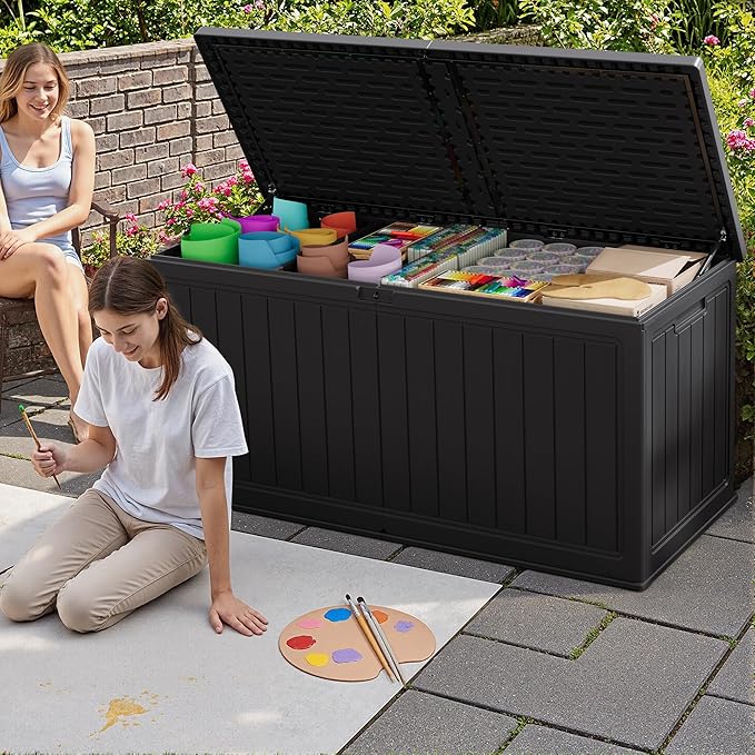 JUMMICO 270 Gallon Outdoor Storage Deck Box with Divider, Double Wall Storage Box with Lockable Lid for Garden Tools, Pools Supplies (Black) - Image 6