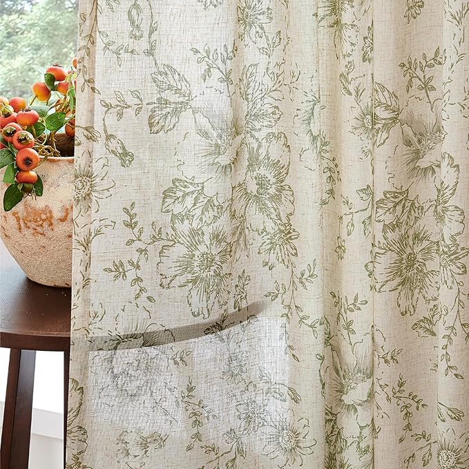 jinachan Linen Blend Floral Curtains for Living Room 90 Inch Length Christmas Sage Green Printed Curtain Rod Pocket Back Tab Farmhouse Peony Flower Patterned Drapes Bedroom Curtains Set 2 Panels - Image 8