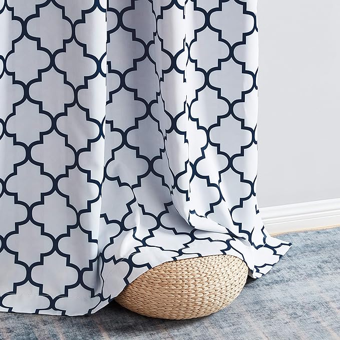 HLC.ME Lattice Print Decorative Curtains Blackout 54 Length - Thermal Insulated Room Darkening Grommet Window Drapes Panels for Basement Windows - Platinum White & Navy Blue - Set of 2-52 x 54 Inch - Image 6