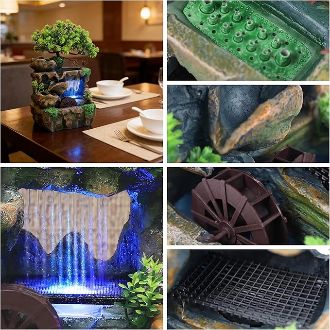 11.81" Tabletop Rockery Fountain Indoor Waterfall Bonsai Desktop Mini Rockery Water Fountain with Automatic Pump and LED Light, Home Office Bedroom Humidifier Desk Decorate - Image 3