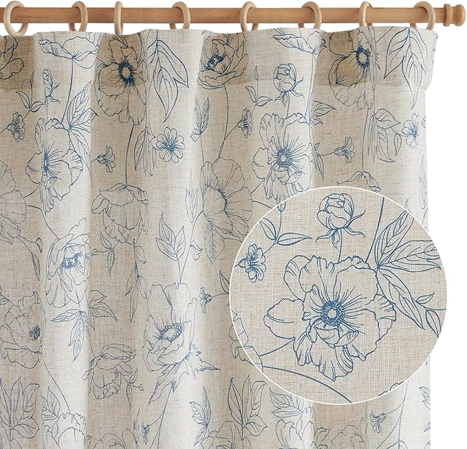 jinchan Floral Linen Curtains for Living Room 96 Inch Length Blue Flower Curtain Rod Pocket Back Tab Farmhouse Curtains with Printed Floral Bedroom Window Curtain Set, 2 Panels Blue - Image 9