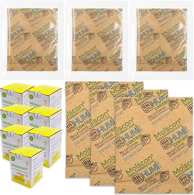 62% Size 8 Two-Way Humidity Control Packs, 105 Pack 8 Gram for Storing 1 oz, Moisture Control Packets Individually Wrapped by Wisesorb