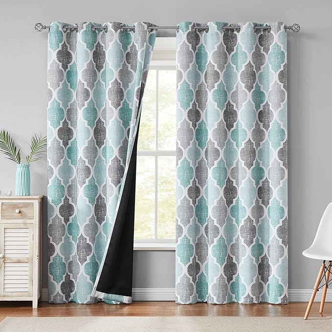 Beauoop 100% Blackout Curtains 108 Inches Long 2 Panels for Bedroom Living Room Aqua Grey Moroccan Geo Room Darkening Thermal Insulated Soundproof Grommet Top Window Treatments Drapes, 50x108 Set of 2 by Beauoop
