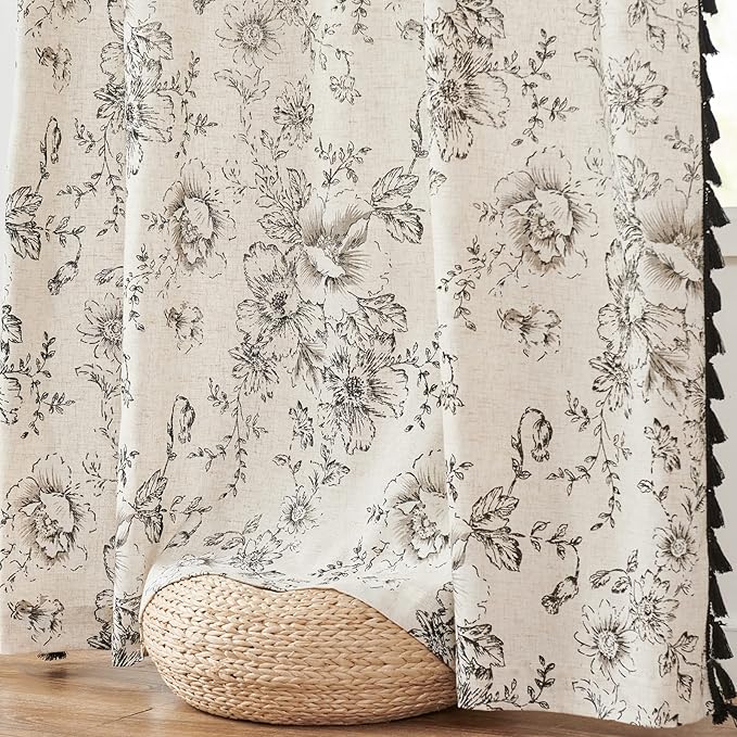 JINCHAN Linen Blend Floral Curtains for Living Room & Bedroom - 84 Inch Long Printed Curtains with Tassels & Rod Pocket - Farmhouse Rustic Peony Flower Patterned Drapes - 2 Panels - Image 9